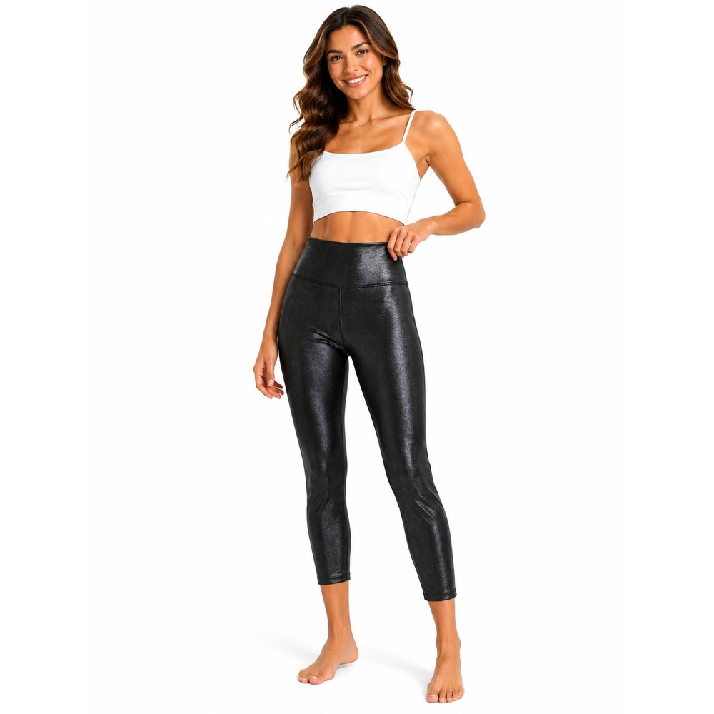 Spanx Black Metallic High Waisted Cropped Leggings Medium Shimmer Activewear